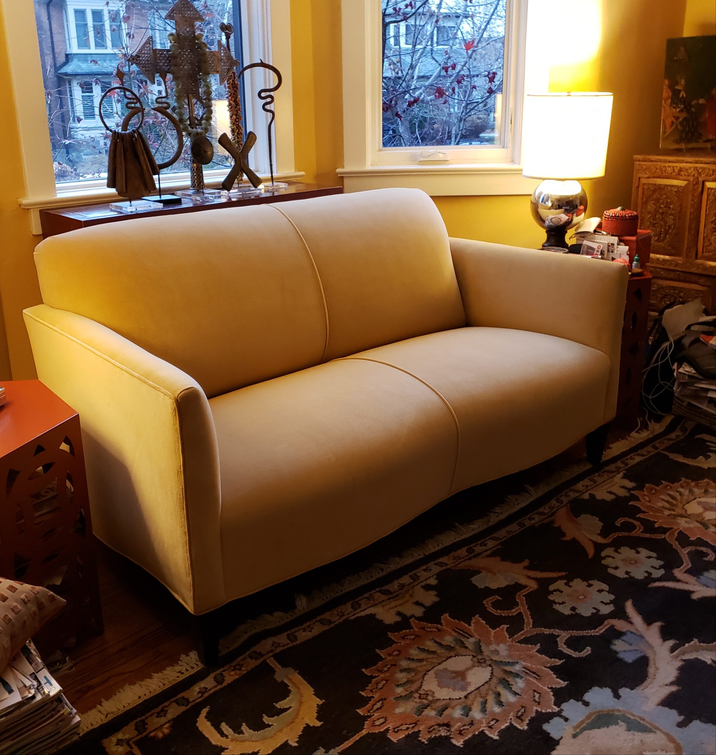 Loveseat 2 20201129 A tan, leather re-upholstered loveseat by Princess Perfect Upholstery in East Toronto.