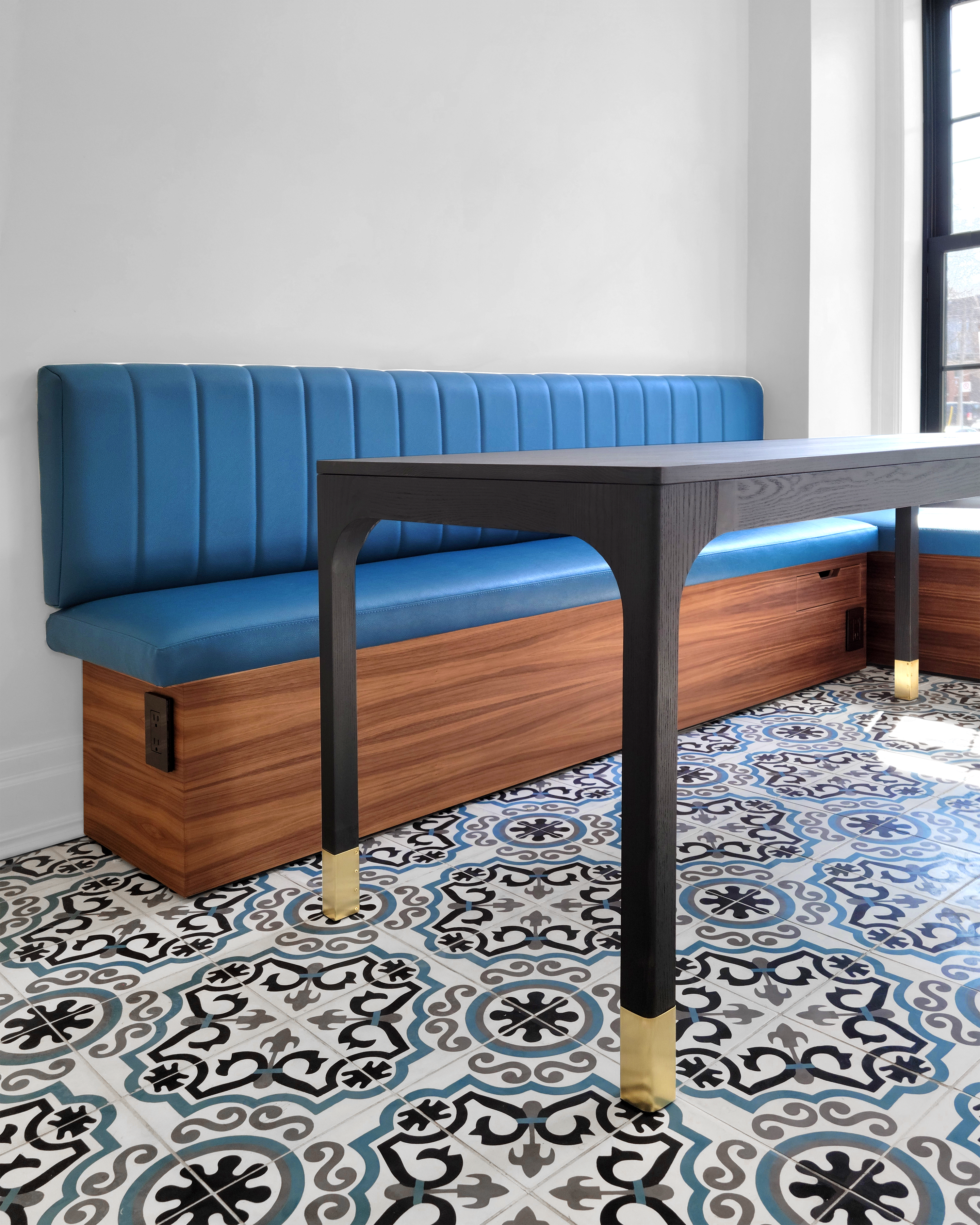 h.ft. Ronan Dining Banquette – Product 1 A re-upholstered blue leather booth done by Princess Perfect Upholstery. Commercial Re-Upholstery